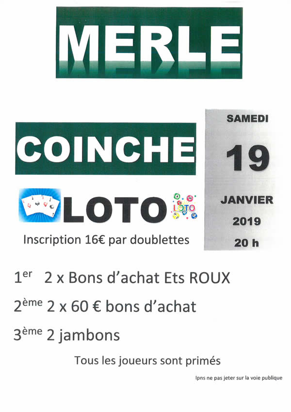 Loto coinche samedi 19 janvier 2018 à Merle